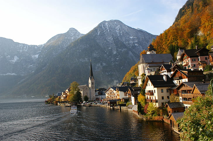 cathedral near town and body of water, cathedral, town, body of water, comment group, Hallstatt, Oberösterreich, Österreich, Upper Austria, OÖ, Salzkammergut, AUT, Haute, Lake, UNESCO, World Heritage, EU, Europe, Europa, Photography, Rocks, Express yourself, Award, gear, me, mountain, church, switzerland, european Alps, hallstatter See, village, water, nature, architecture, HD wallpaper