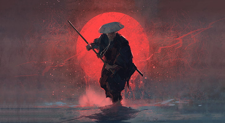 malarstwo samurajskie, mężczyzna w garniturze i kapeluszu z mieczem, Joakim Ericsson, sztuka cyfrowa, grafika, samuraj, Tapety HD