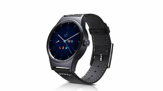 ساعة ذكية دائرية سوداء بحزام جلدي Alcatel MOVETIME ساعة ذكية IFA 2016 مراجعة ساعة WiFi، خلفية HD HD wallpaper