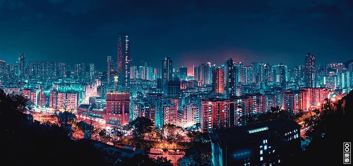 pantalla ancha, ciudad, luces de la ciudad, paisaje urbano, paisaje nocturno, neón, noche, calle, Hong Kong, fotografía, rascacielos, edificio, arquitectura, Fondo de pantalla HD