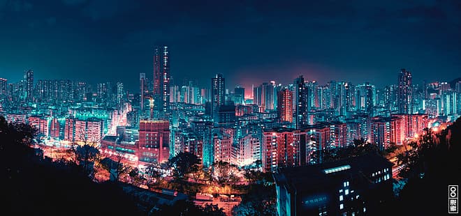широк екран, град, светлини на града, градски пейзаж, нощен пейзаж, неон, нощ, улица, Хонг Конг, фотография, небостъргач, сграда, архитектура, HD тапет HD wallpaper