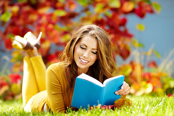 women's yellow long-sleeved shirt and pants, autumn, grass, leaves, girl, smile, book, brown hair, reads, HD wallpaper