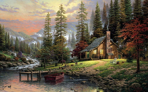 thomas kinkade natura krajobraz malarstwo dzieła sztuki drzewa las chmury dom góry zachód słońca rzeka łódź molo pies mgła kamienie kabina, Tapety HD HD wallpaper