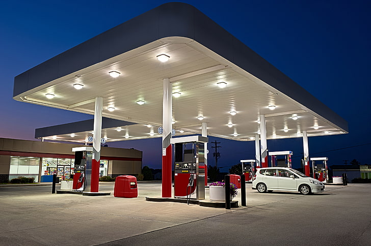 白と赤のガソリンスタンド、マシン、白、デザイン、スタイル、インテリア、ドレッシング、夕方、ぼかし、駐車場、車、ショップ、ガソリンスタンド、ボケ、ビュー、ガソリンスタンド、壁紙。、ガソリンスタンド、 HDデスクトップの壁紙