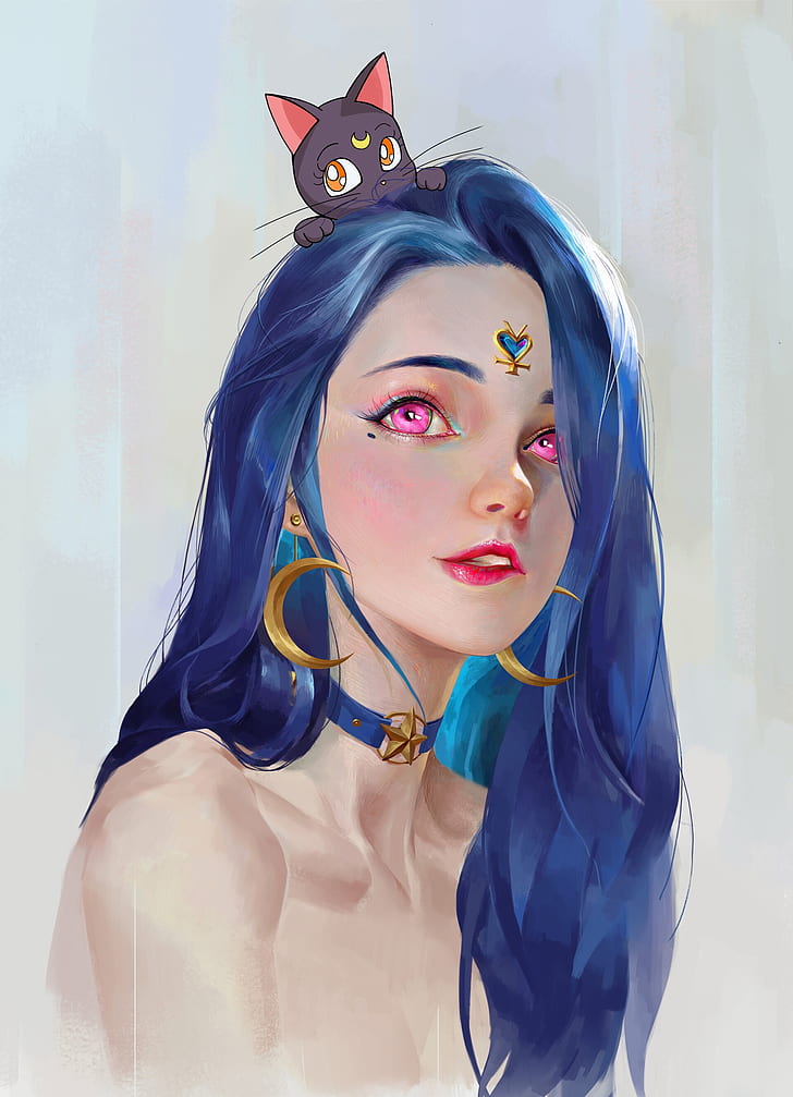 fantasy girl, blue hair, illustration, cat girl, digital art, HD wallpaper