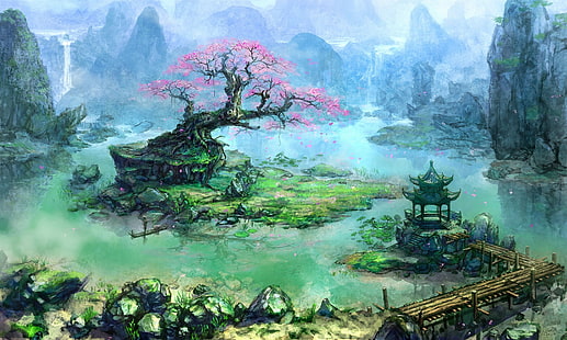 pagoda dekat badan lukisan air dan pohon, karya seni, seni fantasi, pohon, arsitektur Asia, bonsai, air terjun, sungai, dermaga, Wallpaper HD HD wallpaper