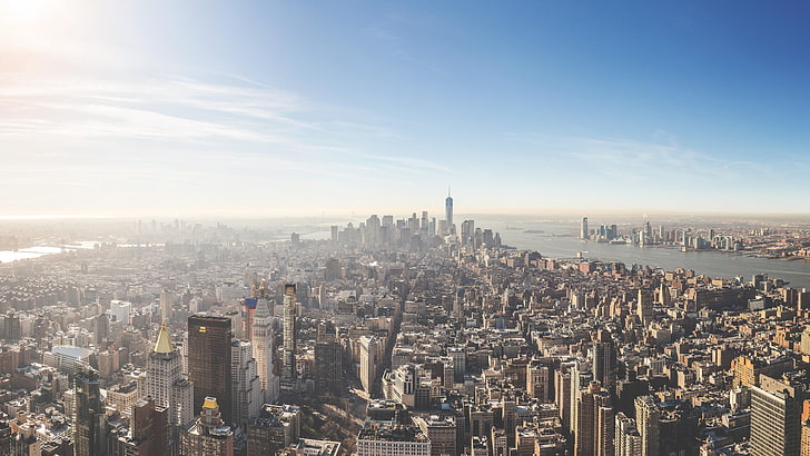 new york city, skyline, skyscraper, aerial, photography, 8k, building, downtown, manhattan, united states, metropolitan, urban, HD wallpaper