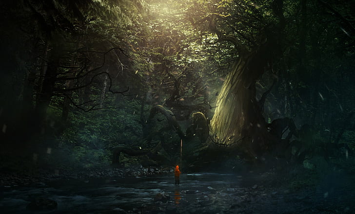 ศิลปะจินตนาการศิลปะดิจิตอลป่าแม่น้ำต้นไม้แสงแดด, วอลล์เปเปอร์ HD
