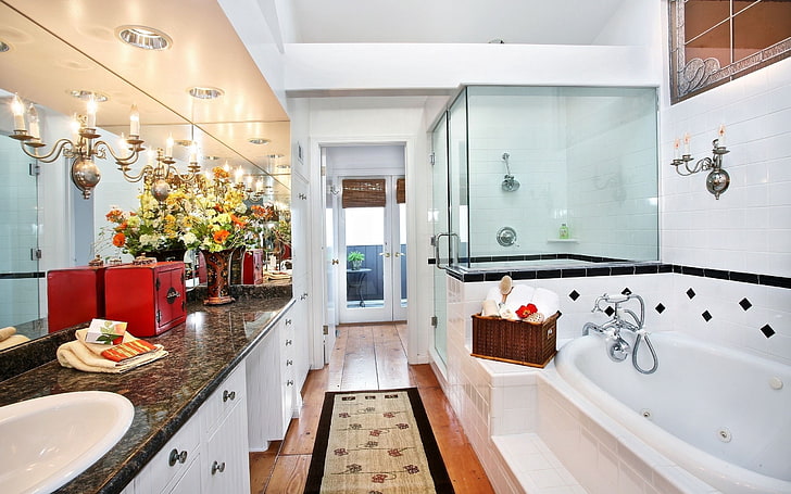 white bathtub, room, bathroom, kitchen, interior, comfort, contemporary, HD wallpaper