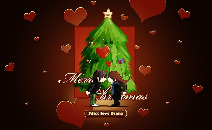 Christmas tree, Christmas wishes, Couple, Heart, Kiss, Mood, Love, HD wallpaper
