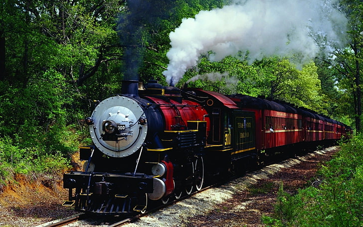 kereta merah dan hitam, kereta api, vintage, lokomotif uap, pohon, kendaraan, Wallpaper HD