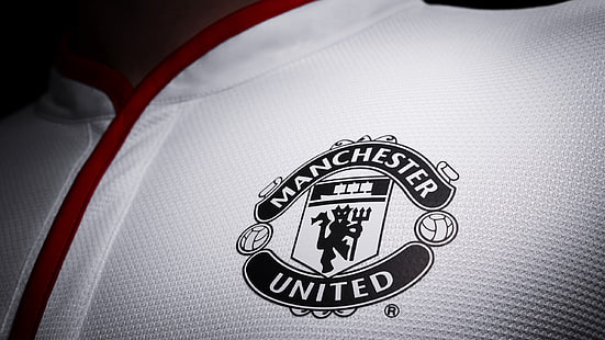 branco e preto Manchester United têxtil, manchester united, futebol, logotipo, HD papel de parede HD wallpaper