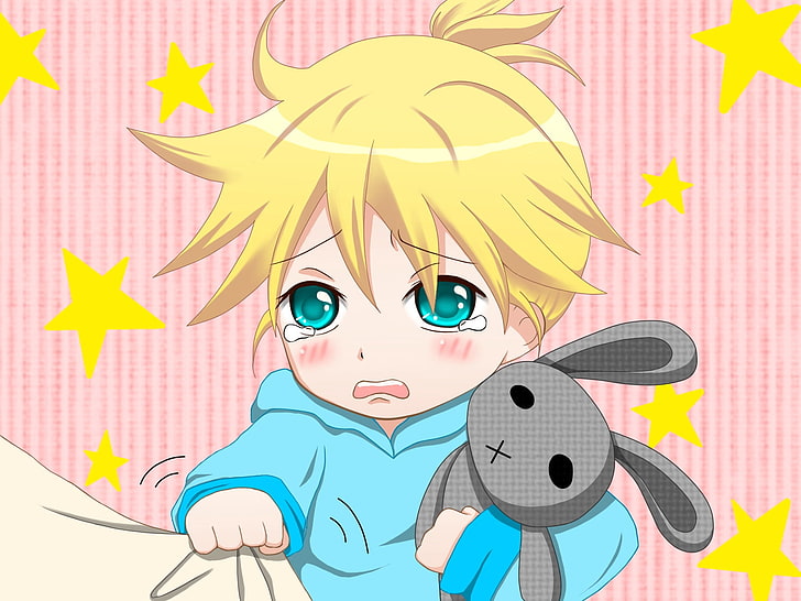 ilustração de personagem de anime de menina de cabelos amarelos, vocaloid, kagamine len, criança, lágrimas, brinquedo, HD papel de parede