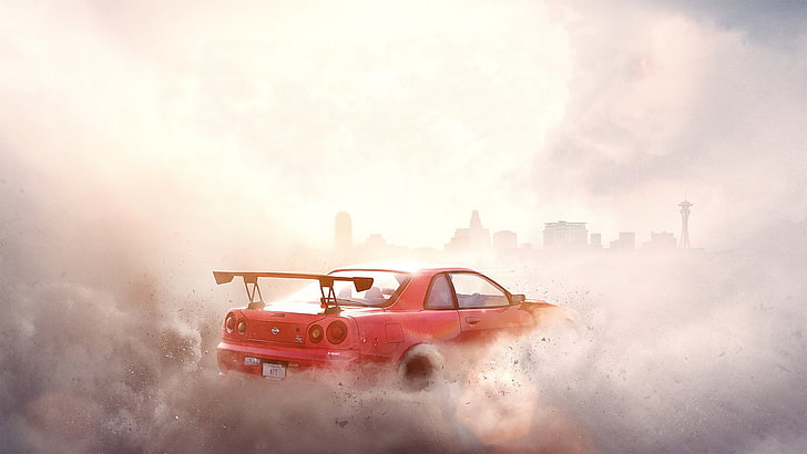 czerwone coupe z białym dymem, Need for Speed, Need for Speed: Payback, Nissan Skyline GT-R R34, pejzaż miejski, Tapety HD