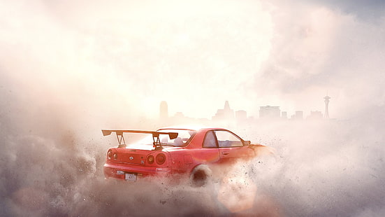 coupé rossa con fumo bianco, Need for Speed, Need for Speed: Payback, Nissan Skyline GT-R R34, paesaggio urbano, Sfondo HD HD wallpaper