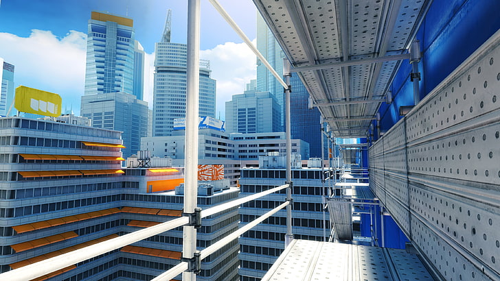 edifício de concreto branco e azul, Mirror's Edge, videogames, HD papel de parede