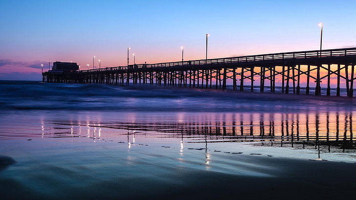 newport pier, coast, ocean, pier, newport beach, california, united states, sunset, HD wallpaper
