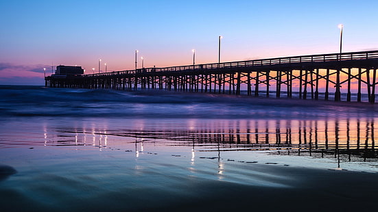 newport pier, coast, ocean, pier, newport beach, california, united states, sunset, HD wallpaper HD wallpaper