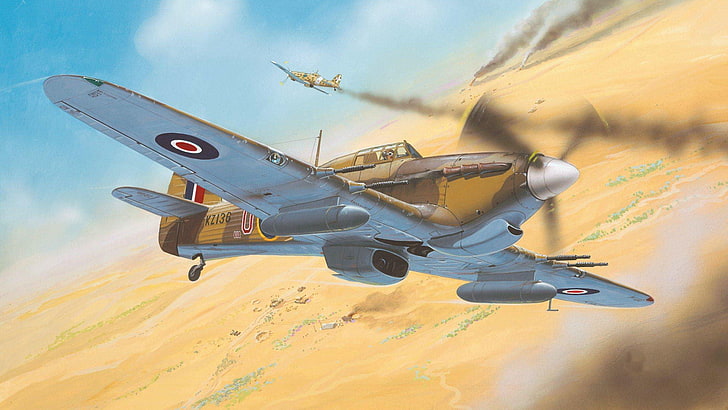 war, desert, figure, fighter, art, Hawker, Hurricane Mk II, HD wallpaper