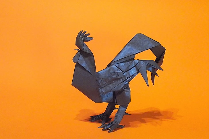 gray chicken origami illustration, paper, origami, cock, HD wallpaper