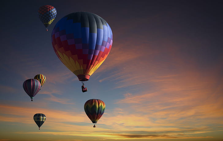 six hot air balloons, Fest, Composite, Just for fun, hot air balloons, sunrise, colorado springs, hot Air Balloon, flying, basket, adventure, air Vehicle, air, heat - Temperature, sky, travel, transportation, multi Colored, sport, outdoors, blue, HD wallpaper