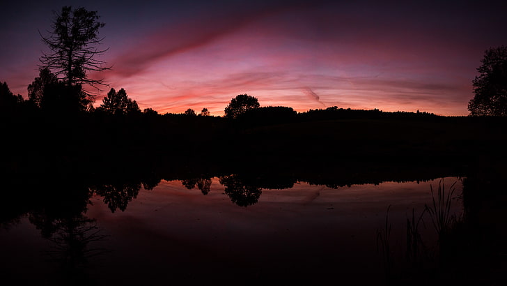 reflection, sky, nature, water, sunset, 8k, dusk, 8k uhd, evening, darkness, afterglow, red sky, tree, cloud, HD wallpaper