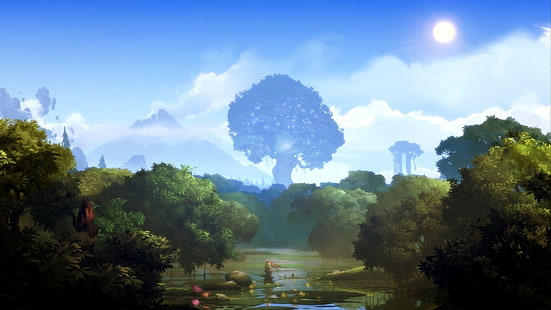 las, przyroda, duchy, krajobraz, Ori and the Blind Forest, drzewa, światła, Tapety HD HD wallpaper