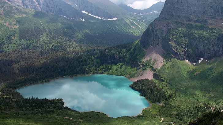 corpo azul de água, natureza, lago, paisagem, montanhas, água, árvores, HD papel de parede