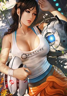  Chell, Portal 2, video games, video game girls, robot, cleavage, white tops, parted lips, artwork, drawing, illustration, fan art, yupachu, HD wallpaper HD wallpaper