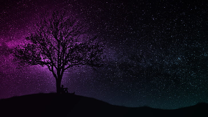 mörk, svart, konst, träd, man, kulle, lila, siluett, stjärnhimmel, diverse, 4k uhd bakgrund, HD tapet