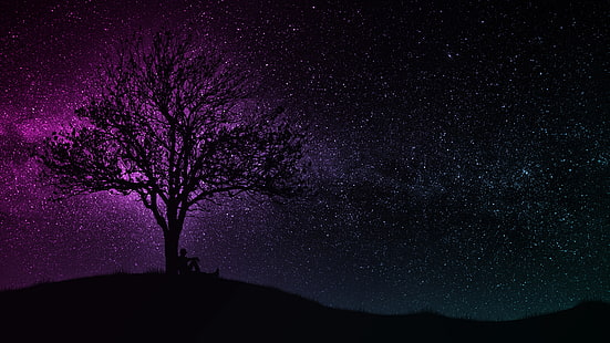 mörk, svart, konst, träd, man, kulle, lila, siluett, stjärnhimmel, diverse, 4k uhd bakgrund, HD tapet HD wallpaper