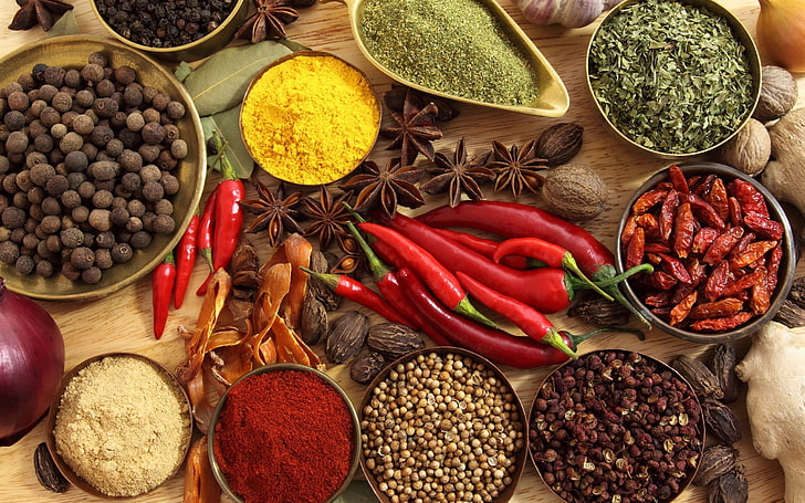 assorted spice lot, food, chilli peppers, spices, star anise, HD wallpaper