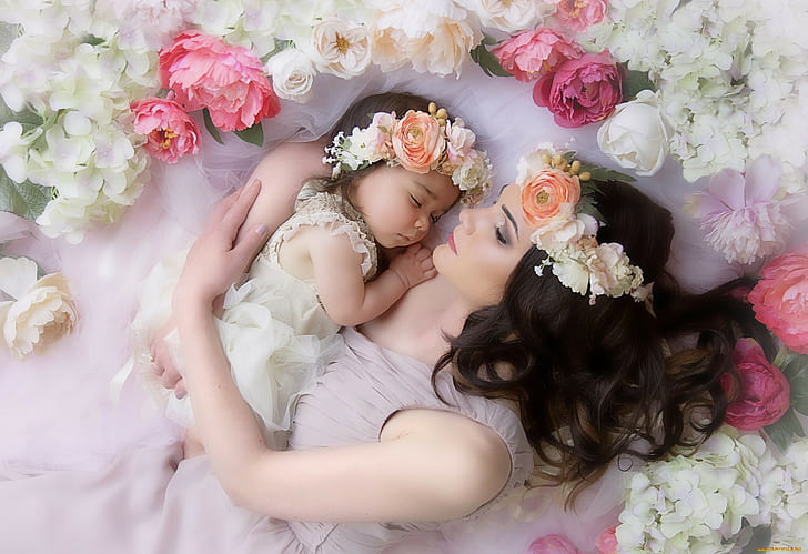 perempuan, bayi, ibu, karangan bunga, berambut cokelat, berpelukan, Wallpaper HD