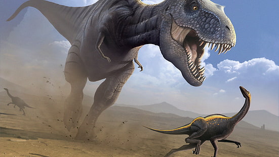 T-rex poursuit le raptor, le tyrannosaure, l’ornithomimus, le dinosaure, l’art, Fond d'écran HD HD wallpaper