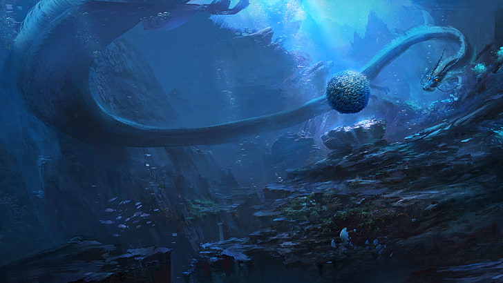 иллюстрация дракона и корабля, цифровое искусство, подводный мир, фэнтези-арт, HD обои