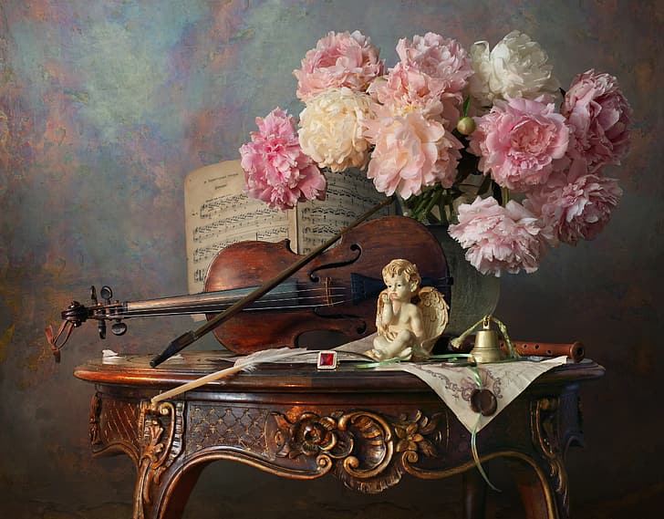 flowers, style, notes, violin, bouquet, figurine, still life, bell, bow, peonies, angel, Andrey Morozov, HD wallpaper