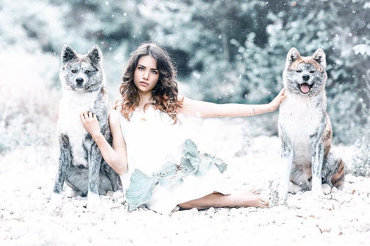 dogs, girl, Alessandro Di Cicco, Protected by the wolves, HD wallpaper