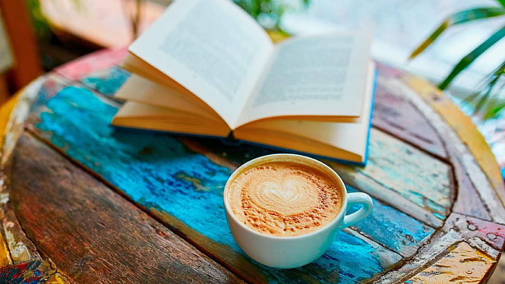 чаша за кафе, кафе, книга, дървена маса, дървена, маса, добро утро, натюрморт фотография, натюрморт, HD тапет