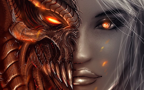 ilustracja białowłosej kobiety, Diablo 3, sztuka, dziewczyna, anioł, demon, twarz, oczy, Tapety HD HD wallpaper