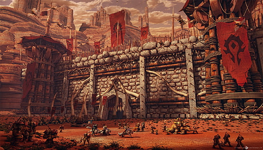 graue und braune Burg Spiel digitale Tapete, Berge, World of Warcraft, Festung, WOW, Orks, Horde, Banner, HD-Hintergrundbild HD wallpaper