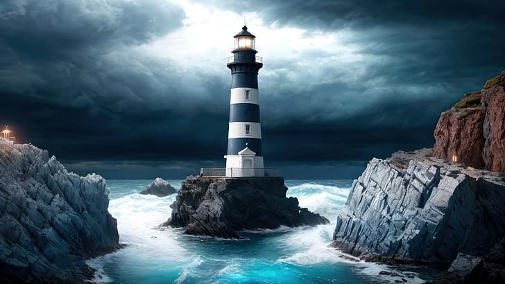 灯台、海、オーシャンビュー、青、暗い、自然、水、岩、 HDデスクトップの壁紙