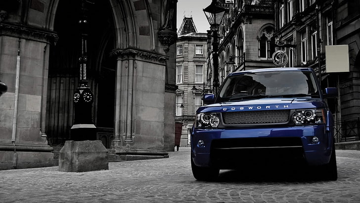 blue SUV, Range Rover, car, SUV, blue cars, selective coloring, HD wallpaper