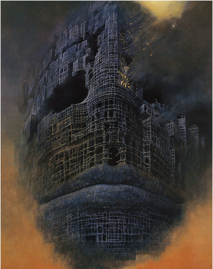 Zdzisław Beksiński, произведение на изкуството, тъмно, призрак, сграда, лице, в огън, zdzisław beksiński, произведение на изкуството, тъмно, призрак, сграда, лице, в огън, HD тапет, тапет за телефон