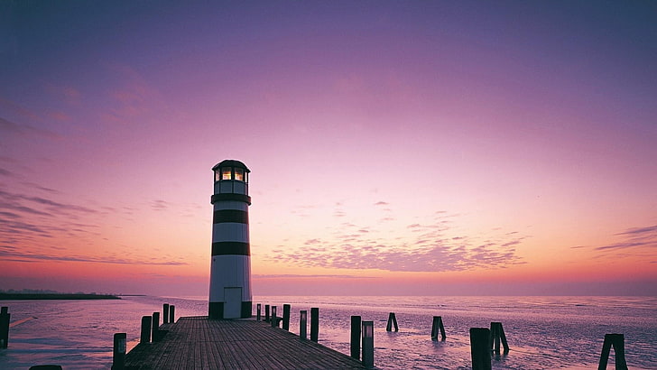 Lighthouse Sunset-HD Desktop Wallpaper, white and black lighthouse, HD wallpaper