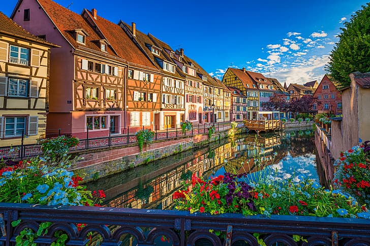 Blumen, Reflexion, Frankreich, Gebäude, Zuhause, Kanal, Promenade, Colmar, Klein-Venedig, HD-Hintergrundbild