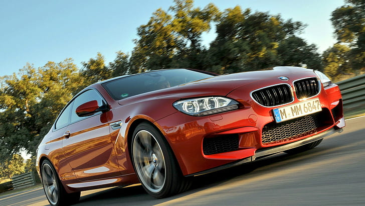 BMW M6, купе, дорога, красный bmw coupe, дорога, эмблема, решетка радиатора, купе, M6, HD обои