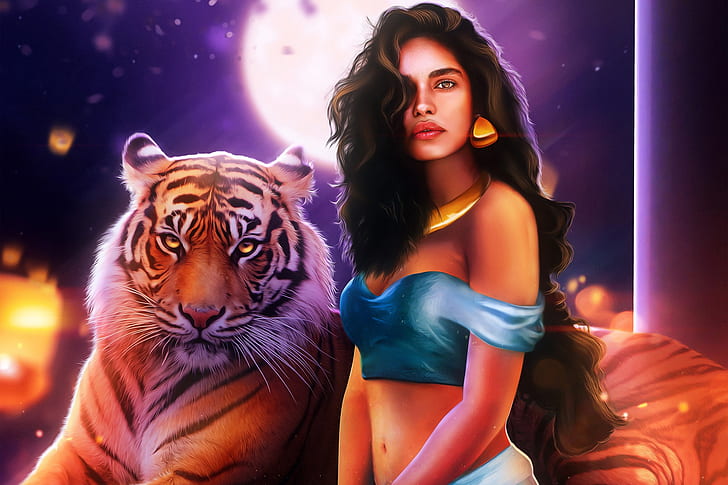 fantasy girl, fantasy art, tiger, long hair, animals, Aladdin, Jasmine, HD wallpaper