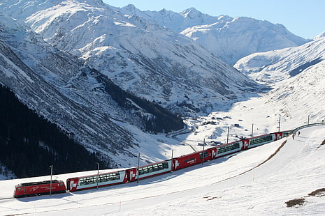 montañas invierno nieve trenes glaciar express Naturaleza Invierno HD Arte, Invierno, montañas, Fondo de pantalla HD HD wallpaper