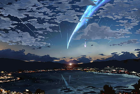 corpo de água, seu nome, céu, estrelas, luzes, Anime, HD papel de parede HD wallpaper