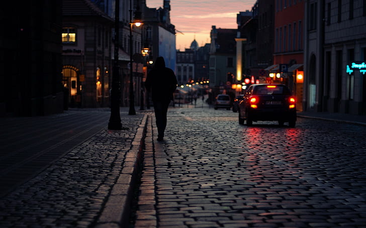 road, car, sunset, lights, street, Poznan, Erik Witsoe, HD wallpaper